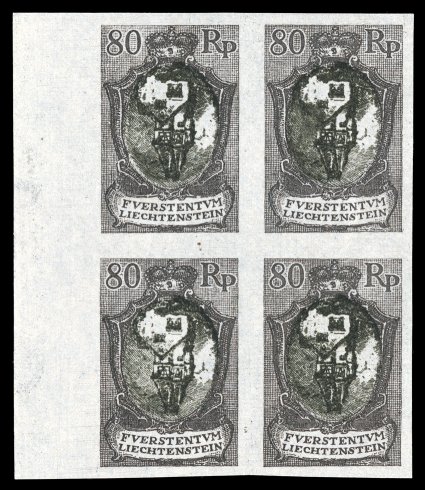 68 var., 1921 80rp Gray and black plate proof, Center Inverted, as above, this being a striking left sheet-margin block of four, large to huge margins all around, rich colors,
extremely fine and quite scarce (Michel 59 var.).