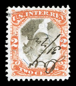 R135b, 2c Orange and black, Center Inverted, lovely rich colors, neat ms. cancel, completely sound and nearly very fine.