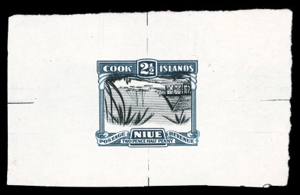 56P var., 1932 2 12p Indigo and black, Center Inverted, large die proof on wove paper, a most unusual and rare proof of the inverted center variety, measuring 69x42mm, small
natural production cuts along guide lines at each edge, very fine mar