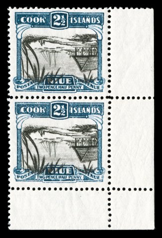 56 var., 1932 2 12p Indigo and black, Center Inverted, handsome bottom right corner sheet-margin vertical pair of this scarce error, brilliantly fresh, deep luxuriant colors,
well centered, o.g., never hinged, some minor natural gum bends, very