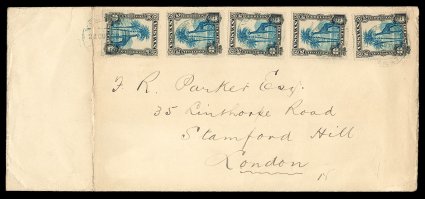 32 var., 1901 50r Black and dull blue, Center Inverted, five single examples tied to legal sized cover addressed to London by light strikes of blue Nyassa Company28.Out.08
c.d.s., Zanzibar transit c.d.s. on reverse, heavy vertical file fold a