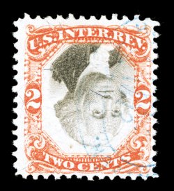 R135b, 2c Orange and black, Center Inverted, uncommonly bright and fresh, neat blue oval handstamp cancel, miniscule toned spot in bottom of vignette, fine.