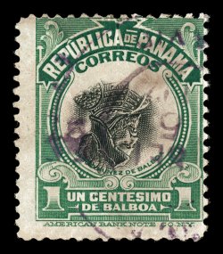 197a, 1909 1c Dark green and black Balboa, Center Inverted, a used example of this immensely rare stamp, believed to be one of only eight examples known, seven of which are
used, plus there is one unused copy (ex-Helme, Balner), centered