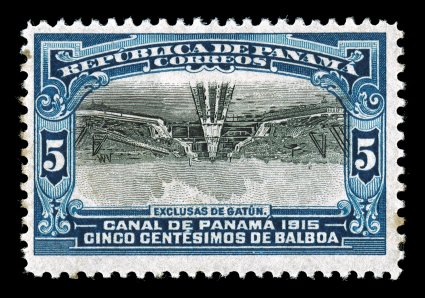 210a, 1915 5c Blue and black Gatun Locks, Center Inverted, scarce mint single, deep rich colors, o.g., minor h.r., single toned perforation, otherwise nearly very fine only 19
mint examples exist.