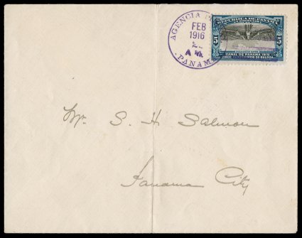 210a, 1915 5c Blue and black Gatun Locks, Center Inverted, attractive single with deep rich colors tied to locally addressed cover by neat strike of Agencia PostalFeb
23(?)1916 violet postmark, backstamped, central vertical file fold, very f