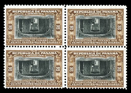 212a, 1915 20c Brown and black Santo Domingo Arch, Center Inverted, very scarce mint block of four, deeply rich colors, o.g. which is just slightly disturbed from mounting,
fine.