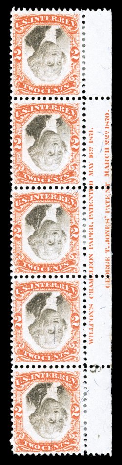 R135b, 2c Orange and black, Center Inverted, mint right sheet-margin vertical strip of four, showing complete two-line Willcox and Jones imprints as well as plate No. 9 in the
selvage, brilliant color, full original gum with a few h.r.s, ve