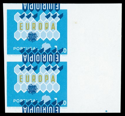 896 var., 1962 1.50e Europa, dark blue Color Inverted (Europa emblem), imperforate, right sheet-margin vertical pair of this striking and unlisted error, exceptionally large
margins all around, strong rich colors, without gum, extremely fine