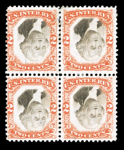 R135b, 2c Orange and black, Center Inverted, rare mint block of four, vibrant colors, o.g. that is slightly disturbed from hinge removals, small thin affecting the top stamps,
fine-very fine appearance according to the Curtis census, this is on