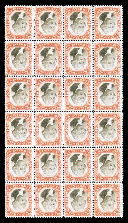 R135b, 2c Orange and black, Center Inverted, mint block of 24 (4x6), bright fresh colors, original gum, with some h.r.s and paper adherences, a couple faint toned spots in
between stamps mentioned only for complete accuracy, overall a very fine