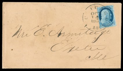 23, 1c Blue, Ty. IV, triple transfer, one Inverted, position 71L1L, attractive example of this rare and collectible position, deep rich color, tied to buff colored cover
addressed to Exeter, Ill. by nice strike of Chicago, IllOct 141857 c.d.