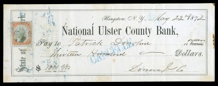 R135b, 2c Orange and black, Center Inverted, fresh single tied to check of the National Ulster County Bank of Kingston, N.Y. by blue oval handstamp dated May 23, 1872, fine
cataloged as a used off-document stamp.