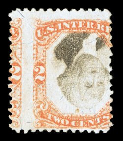 R135b var., 2c Orange and black, Center Inverted and design shifted, unused example with the design shifted strongly to the right, a significant portion of the adjacent stamp
present at left, fine and most unusual.