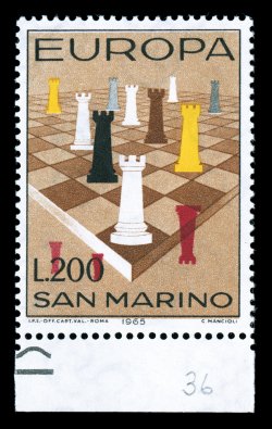 611 var., 1965 200l Rooks on Chessboard, Red Color Inverted, bottom sheet-margin mint example of this unusual and rare stamp, with the three red chess pieces having been
inverted (turned upside down and falling off the chessboard), well center