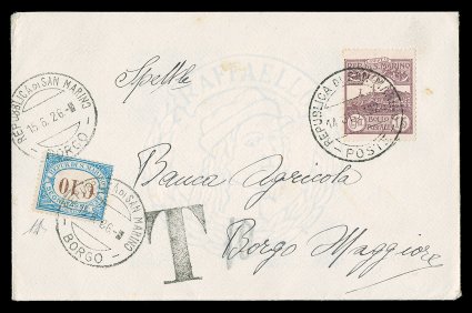 J20a, 1925 10c Rose and brown postage due, Numeral Inverted, a fine single tied to a neat cover sent postage due to Borgo by two neat strikes of Republica di San
Marino15.6.26Borgo c.d.s., large T handstamp along side, originally franked w