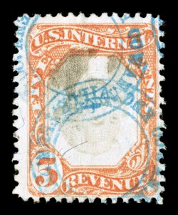 R137a, 5c Orange and black, Center Inverted, lovely bright color, about as well centered as this error gets, neat blue handstamp cancels, couple light creases, otherwise fine
our records show just twenty single copies of this invert, plus t