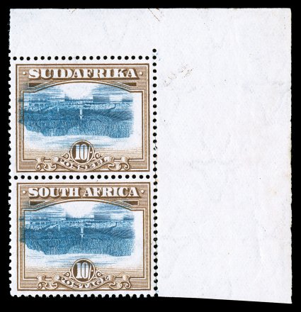S.G. 32 var., 1927-28 10- Bright blue and brown, bilingual pair, Center Inverted, a fabulous top right corner sheet-margin vertical bilingual pair, with each stamp displaying
an inverted center, luxuriously rich colors, well centered, o.g., the