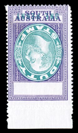 1902 1p Purple and bluish green King Edward VII Stamp Duty revenue stamp, Center Inverted, as well as One Penny denomination, a marvelous bottom sheet-margin mint example of
this spectacular and rare inverted center, believed to be one of l