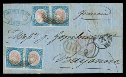 69a, 1865 12c Blue and rose, Frame Inverted, an exceptional example se-tenant with a normal stamp in a horizontal pair, tied to handsome 1865 folded entire to Bayonne, along
with another normal horizontal pair, both pairs with central oval g