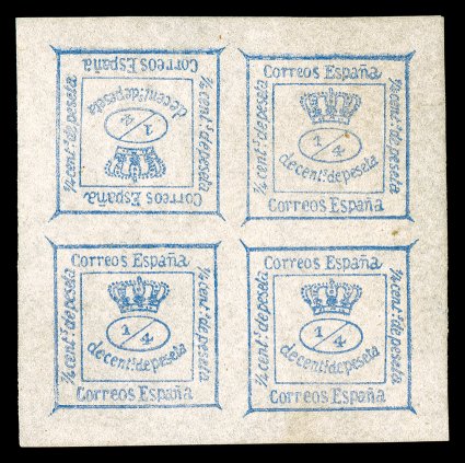 174b, 1872 14c Ultramarine, complete (1c) block of four, top left stamp with Inverted Cliche, choice mint example of this truly rare error, huge balanced margins all around,
fresh color, o.g., extremely fine signed Galves and accompanied by a