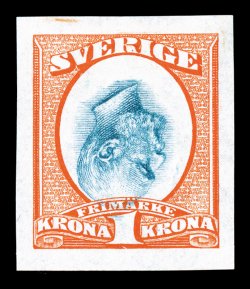 65E, 1900 1K King Oscar, imperforate plate essay, Center Inverted, two examples, one in orange and blue, and the other in brown and blue, each with large margins all around,
extremely fine very scarce essays a similar pair of essays realized $