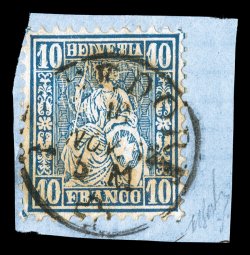 44a, 1862-64 10c Blue, Double Embossing, One Inverted, one of the few known recorded examples of this rarity, being an exceptionally well centered copy and tied to a small
piece by a light central town c.d.s., deep rich color, some mild toning t