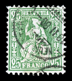 55b, 1867-78 25c Blue green, Double Embossing, One Inverted, choice used example of this scarce variety, deep rich color, attractively centered, neat portion of town c.d.s.
dated 1880, very fine signed A. Diena (Zumstein 40.2.01)