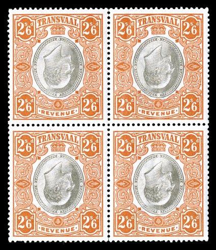 Barefoot & Hall 83a, 1902 26 King Edward VII revenue, Center Inverted, a very rare block of four of this error, the first such multiple we have seen, near perfect centering,
strong fresh colors, o.g., minor h.r.s, some natural gum creasing, fe
