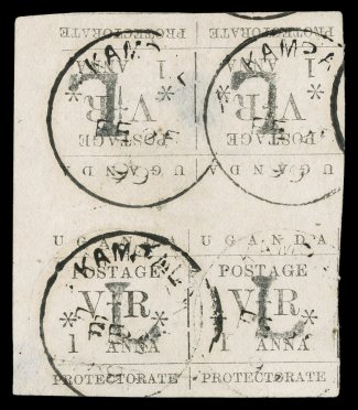 54, 1896 1a Black typeset issue, thin 1 of 1 Anna, overprinted L, tete-beche block of four, used, top pair (positions 3 and 4) inverted and shows dropped O of POSTAGE, bottom
pair normal (positions 1 and 2), mostly large margins, excep