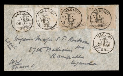 54a, 56-59, 1896 1a, 3a, 4a, 8a and 1R Black typeset issue, overprinted L, five different values, including the rare 1a with small O in POSTAGE variety, in addition the 4a
displays the dropped O of POSTAGE variety, all neatly tied