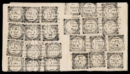 62, 62a, 1896 1a Black (thick 1) typeset issue, a most unusual used multiple containing two full settings of sixteen each, tete-beche (inverted) to one another and separated
by a wide gutter, position 9 of each setting being the small O