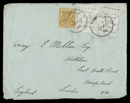 62, 64, 1869 1a (thick 1) and 3a Black typeset issues, without overprint, tied to rare non-philatelic cover to London, England, along with British East Africa 5a adhesive, by
two strikes of Kampala28 No98 c.d.s., Mombasa transit and arriva