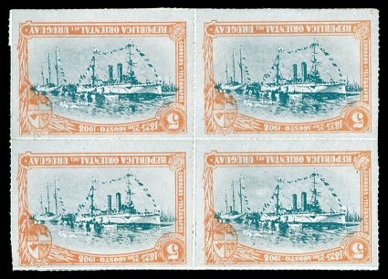 174a-76a, 1908 1c-5c Cruiser Montevideo, Centers Inverted, an extremely rare set of mint blocks of four of these striking error stamps, strong colors on all three blocks, well
centered, o.g., the 1c block with a couple of h.r.s reinforcing so