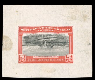 178P var., 1909 2c Port of Montevideo, Center Inverted, large die proof on watermarked stamp paper, measuring 65x54mm, light stain in left margin, otherwise very fine a most
unusual inverted center proof.