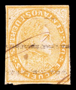 23e, 1871 2c Yellow, Frame Inverted, a handsome appearing used example of this rare classic error, four ample to full margins all around, wonderfully bright vibrant color,
neat small portions of manuscript cancels, faint trace of a horizontal cr