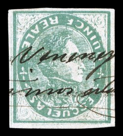 33b, 1871 15R Green, Frame Inverted, a superb appearing example of this classic error stamp, possessing margins of exceptional size all around, bright color on fresh paper,
neat two line manuscript cancel, small thin, nonetheless of extremely fi