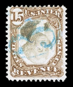 R139a, 15c Brown and black, Center Inverted, another rare used single, with an attractive blue handstamp cancel, rich colors, minor surface scuffs at right, otherwise fine as
mentioned in the previous lot, there are only sixteen singles r