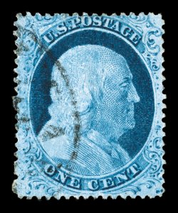 23, 1c Blue, Ty. IV, triple transfer, one Inverted, position 81L1L, wonderfully fresh used example of this key position, bright rich color and an especially detailed impression,
well centered, very light and unobtrusive town c.d.s. at left, very