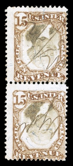 R139a, 15c Brown and black, Center Inverted, vertical pair, attractive colors, ms. cancels as well as a lightly impressed waffle iron grid, fine this is the only recorded
multiple of any size of this inverted center an important Third Issu