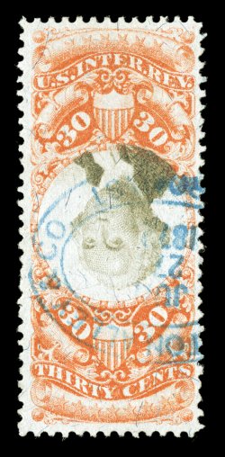 R140a, 30c Orange and black, Center Inverted, an impressive used example of this rare invert, being well centered and with bright fresh color, light blue oval handstamp cancel
as well as just the barest impression of a herringbone at top rig
