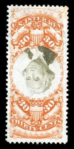 R140a, 30c Orange and black, Center Inverted, strong colors and impressions, light herringbone cancel just breaks the paper, faint toned spot at top right, otherwise very
fine.