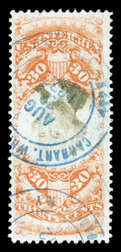 R140a, 30c Orange and black, Center Inverted, a highly desirable used example of this rare error, being one of the very few we have seen that does not have a herringbone cut
cancel, instead it features an attractive light blue circular date