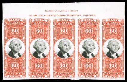 R142P4, 60c Orange and black, plate proof on card, top margin imprint strip of five, with Imprint Inverted, large margins, strong color, extremely fine cataloged simply and
conservatively as five singles.