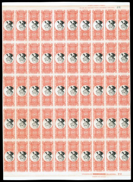 142aP4, 60c Orange and black, Center Inverted, plate proof on card, an amazing block of fifty, being positions 2-1170-79 from the only known pane of 85 stamps, includes both
the top and bottom margins plate blocks (top is inverted), which are t