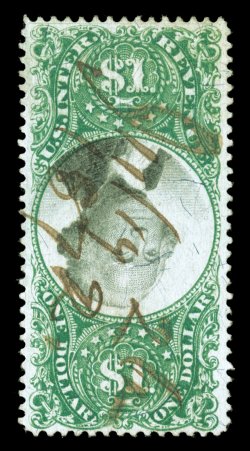 R144a, $1.00 Green and black, Center Inverted, the used single offered here is the finest in existence according to our records, as it is uncommonly well centered within large
margins, strong rich color and an excellent clarity of impression