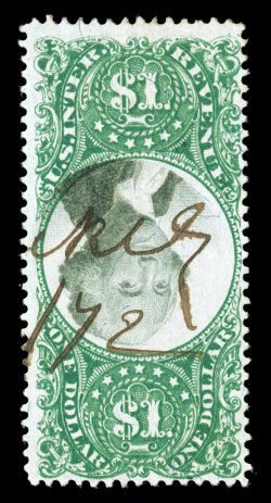 R144a, $1.00 Green and black, Center Inverted, excellent colors that are exceedingly bright and rich, 1872 ms. cancel, tiny natural inclusion speck, fine one of only about six
known sound examples of this rare invert.