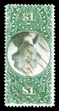 R144a, $1.00 Green and black, Center Inverted, bright colors, neat ms. cancel, thin spot and a small perf. flaw at right, fine appearance.