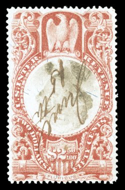 R146a, $2.50 Claret and black, Center Inverted, another example of this rare invert, being a lovely used example, centered just slightly to the bottom but not objectionably so,
fresh colors, ms. cancel, its only imperfection is a small mild inte