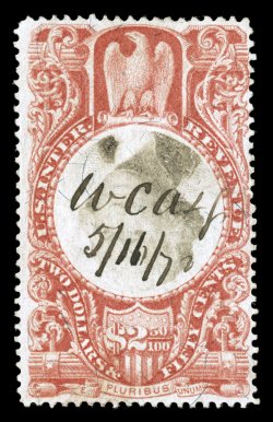 R146a, $2.50 Claret and black, Center Inverted, remarkably the Cunliffe collection contains a third copy (the three represent 20% of all known examples), this one with rich
luxuriant colors and highly detailed impressions, small 1872 ms. cancel,