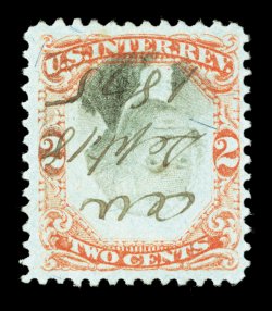 R151a, 2c Orange and black on green, Center Inverted, strong rich colors, 1875 ms. cancel, small stain on back just barely shows through, fine.